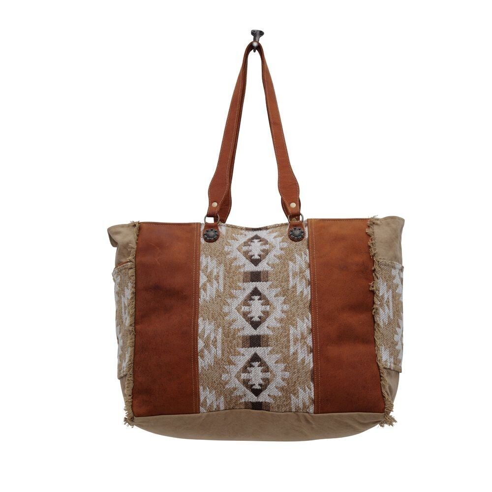 Myra Bag Handmade Camilla Weekender Bag Upcycled Canvas & Cowhide Leather - Picture 5 of 8